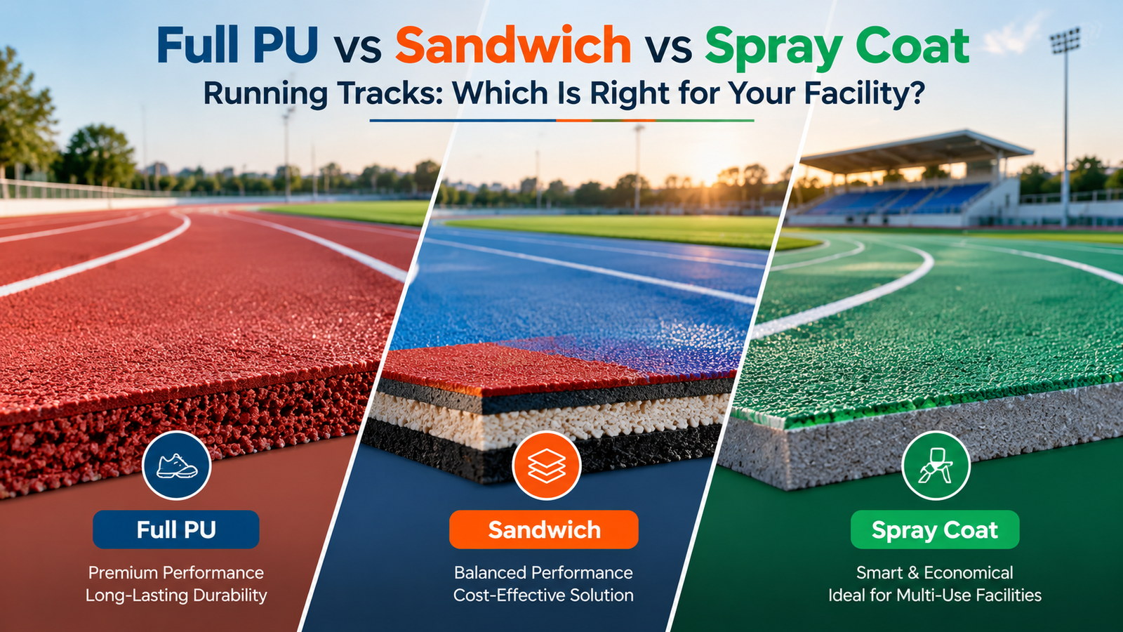 Full PU vs Sandwich vs Spray Coat running tracks comparison