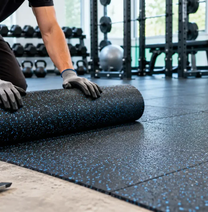 Gym rubber roll flooring installation